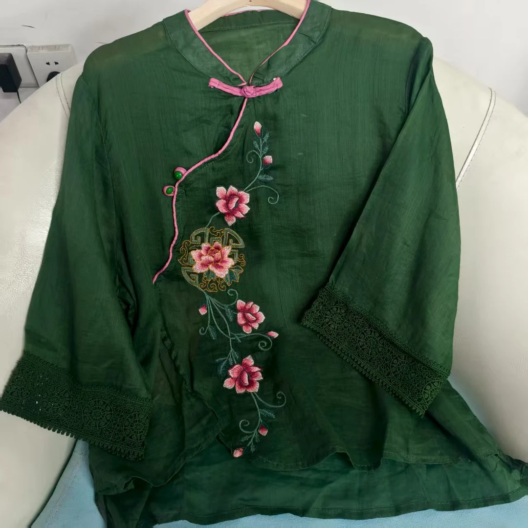 复古文艺刺绣苎麻半袖圆领衬衫斜襟新中式上衣6063肩41胸116长61