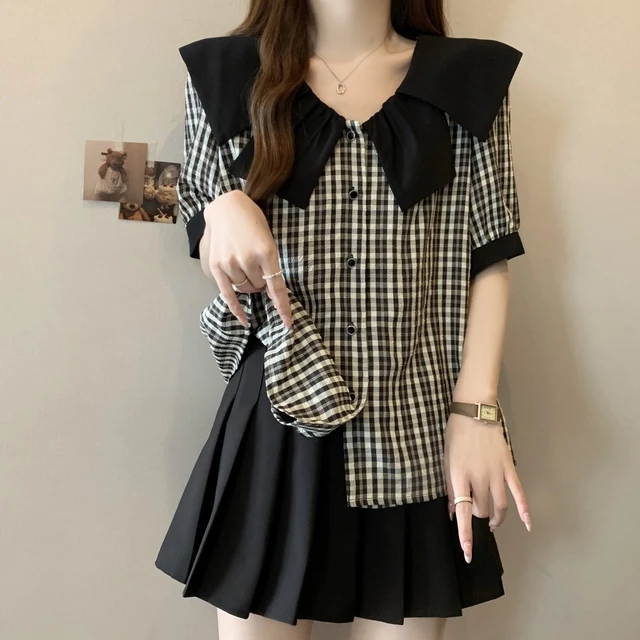 大码娃娃领格子短袖衬衫女夏季复古胖mm宽松显瘦遮肚子泡泡袖上衣