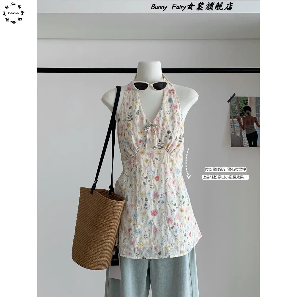 2025春夏法国覆古印花无袖背心设计小众修身上衣网红同款