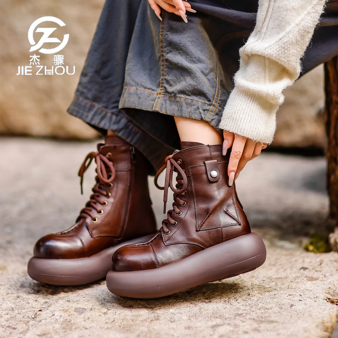 杰骤秋冬新款英伦风马丁靴真皮厚底圆头低帮短靴头层牛皮中筒鞋子