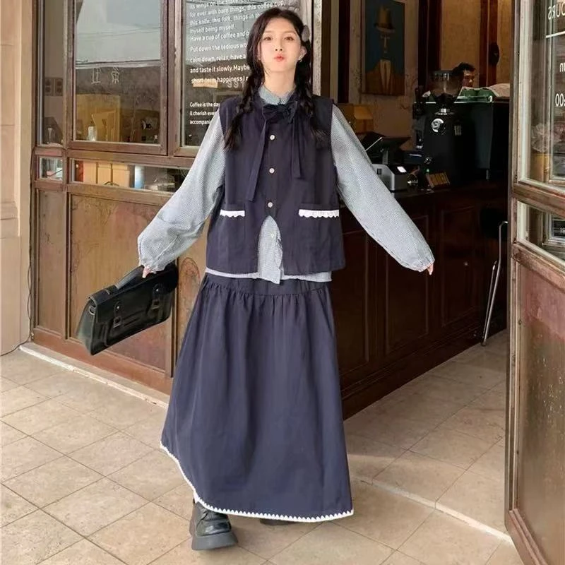 韩版少女风复古港风衬衫时尚套装中长款日系裙子宽松9336