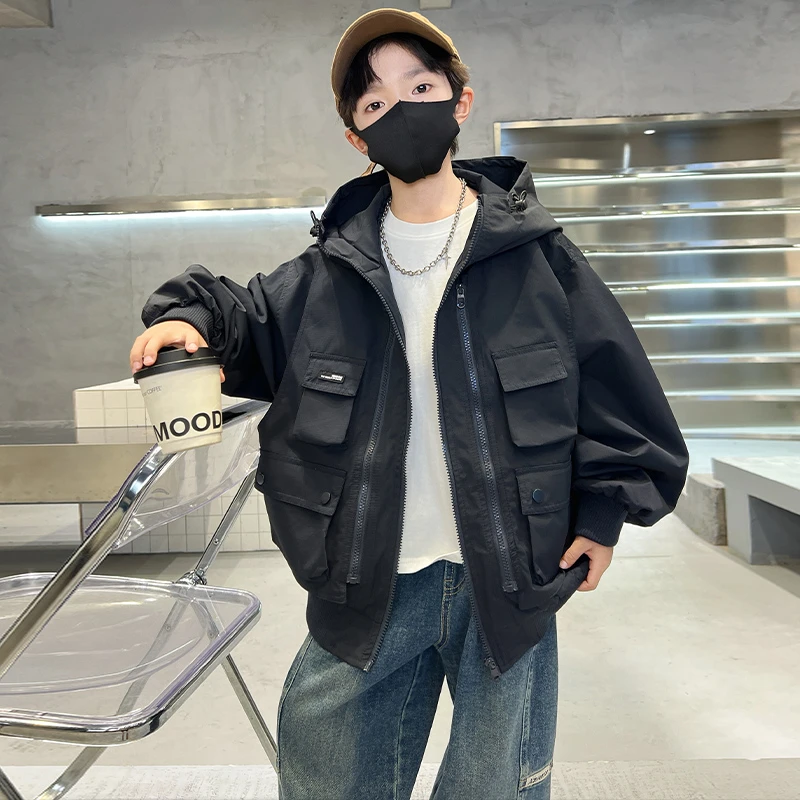 男童外套春秋帅气2025中大童休闲韩版长袖工装儿童秋季连帽洋气潮