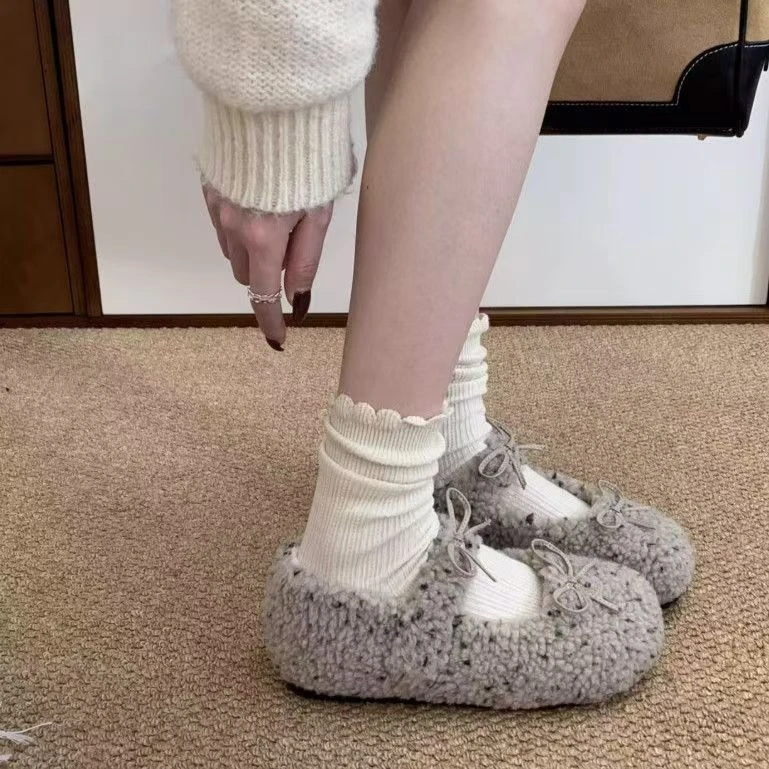 ZZ01新款平底毛毛鞋加绒保暖一脚蹬双蝴蝶结单鞋