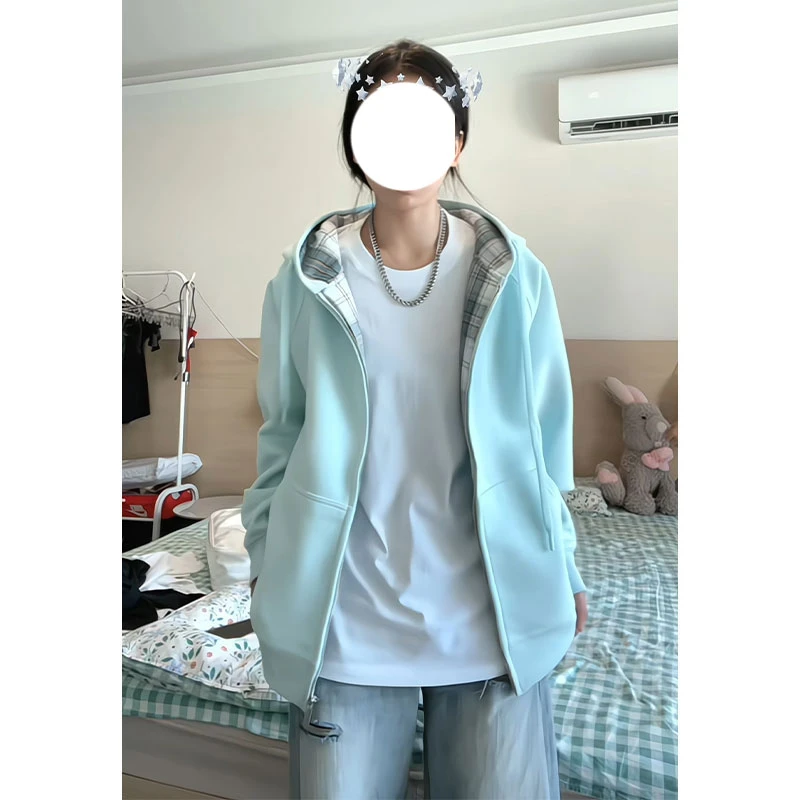 baby蓝格子拼接开衫卫衣男女同款美式重磅硬挺oversize连帽外套潮