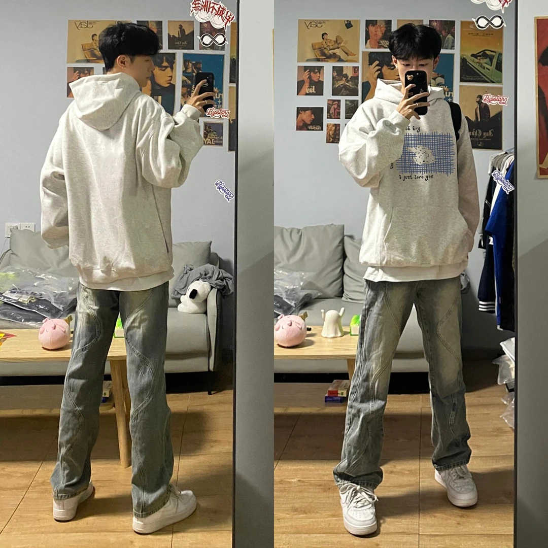 美式创意秋冬连帽卫衣男女潮牌线条小狗字母印花宽松休闲情侣上衣