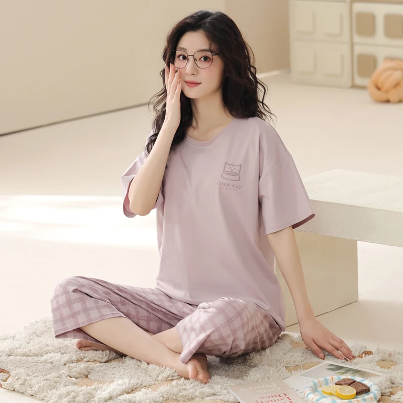 卡之恋夏季圆领短袖七分裤休闲家居服套装薄款女款宽松时尚睡衣