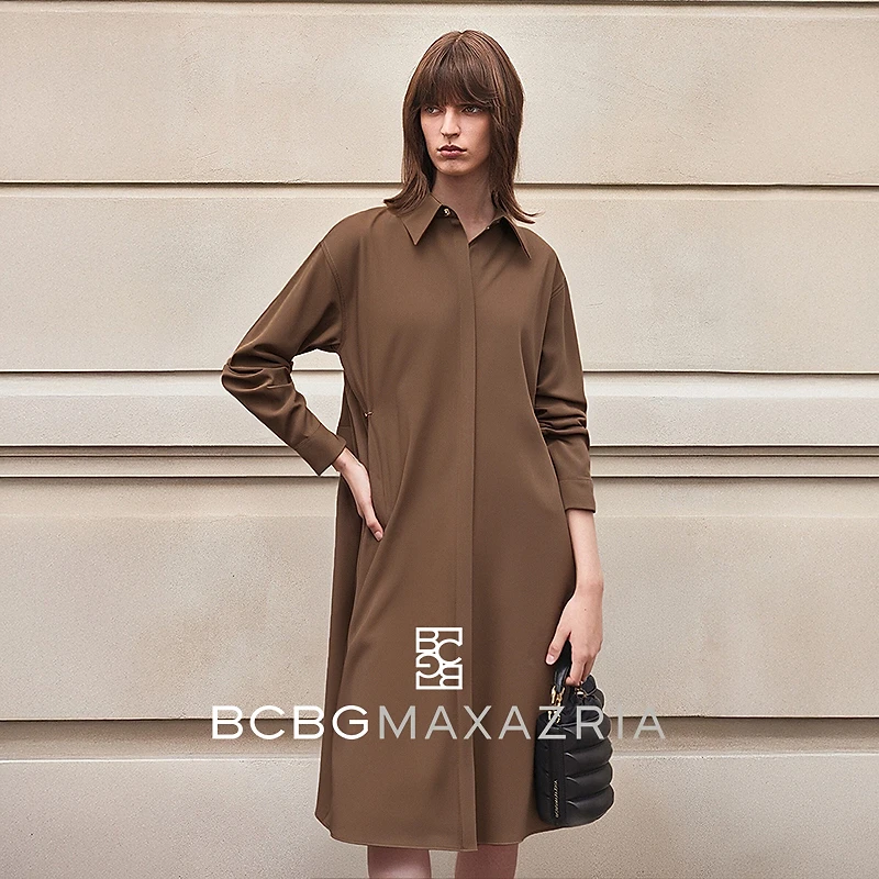 BCBGMAXAZRIA 时髦精致范 晟屿叠褶开衩衬衫连衣裙BMQ06BZ8350
