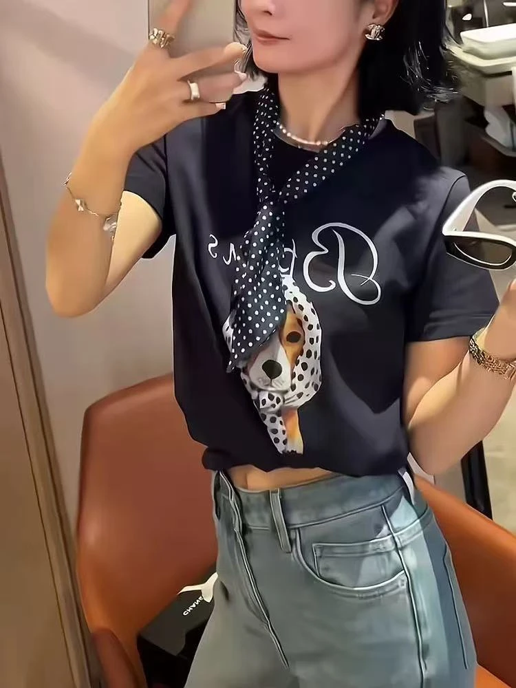 波点飘带丝巾+可爱时髦小狗狗字母T恤两件套