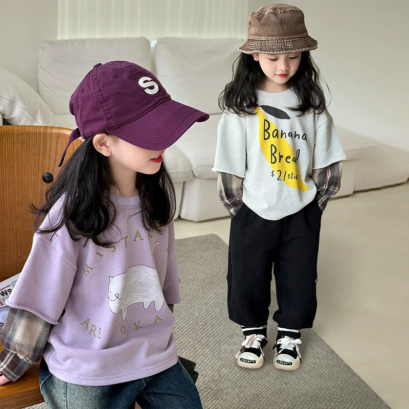 女童假两件卫衣2025春秋新款儿童宽松时髦拼接长袖宝宝卡通上衣潮