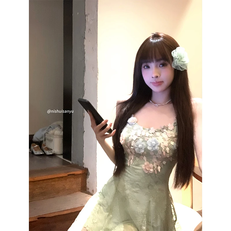 溺水三鱼【绿野仙踪】夏季氛围感刺绣提花蕾丝花朵拼接短款连衣裙