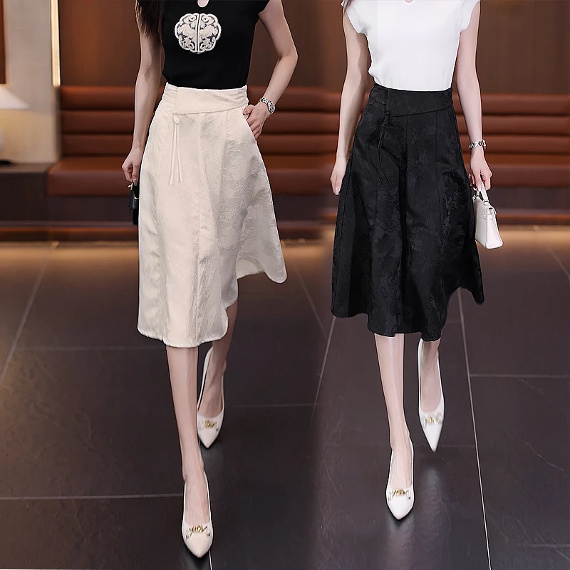 国风提花半身裙女夏季2025年新款高腰a字薄款伞裙盘扣大摆马面裙