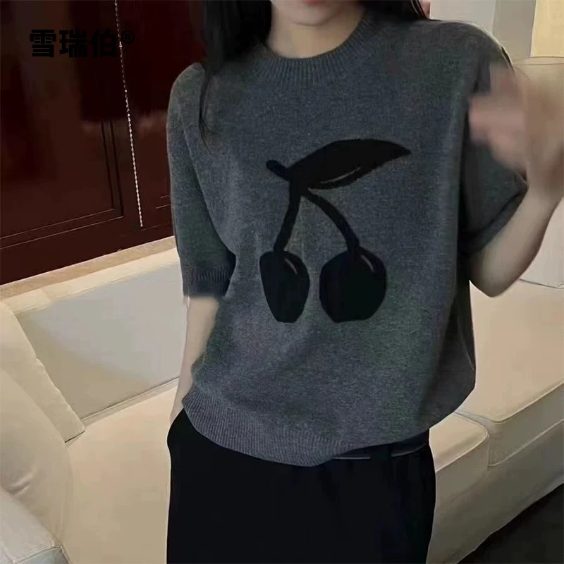 【羊毛桑蚕丝】卡通减龄樱桃经典黑灰针织衫圆领女装打底衫短袖624
