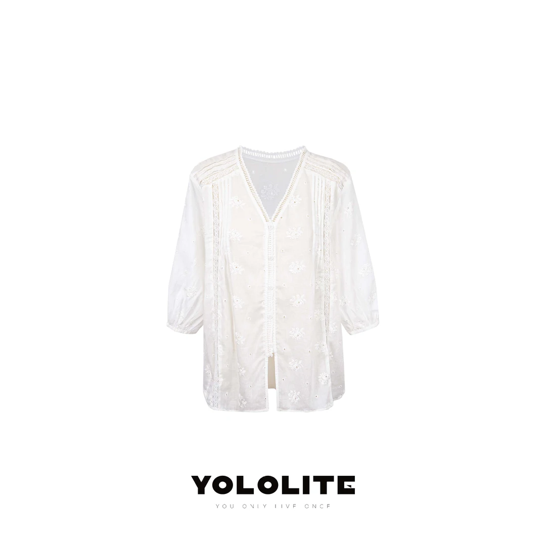 YOLOLITE【米兰港】3061夏季新款法式刺绣镂空V领设计感衬衫上衣