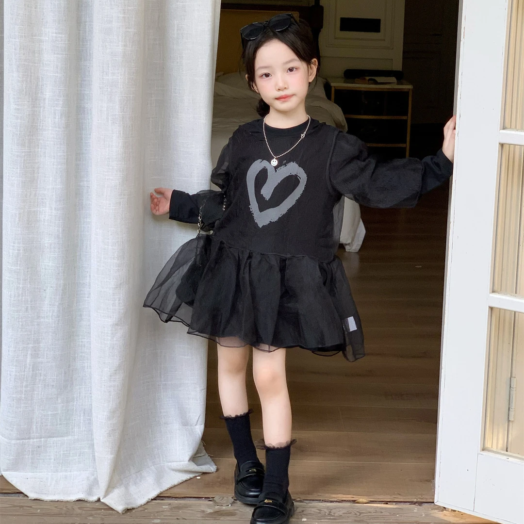 小思家2025秋季新款韩版女童洋气百搭网纱拼接连衣裙罩衫两件套