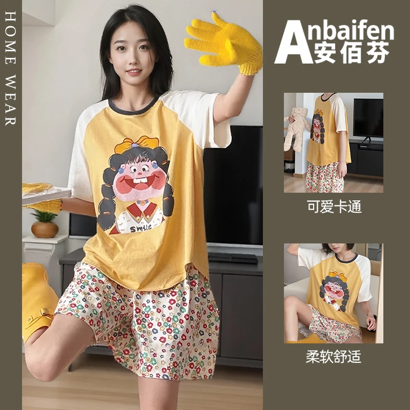 甜美可爱短袖短裤睡衣女夏季薄款莫代尔冰丝卡通可外穿圆领家居服