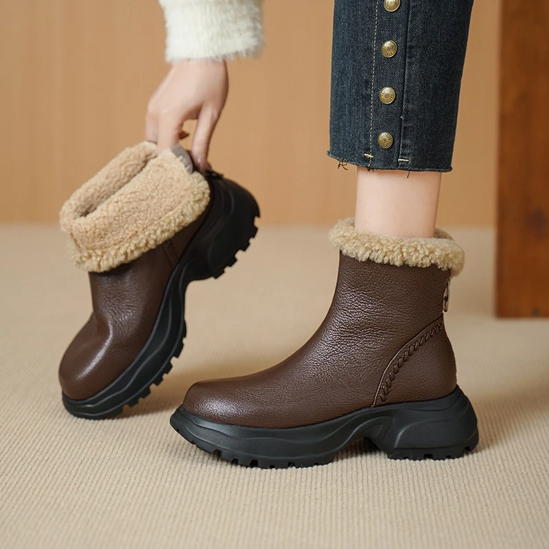 头层羊皮~加厚加绒保暖雪地靴棉靴冬季圆头松糕厚底短靴毛毛靴女