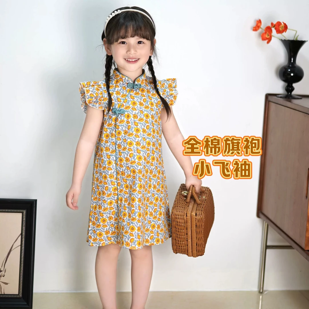 女童全棉高支棉印花 改良款小飞袖旗袍 女童新中式连体裙 新品