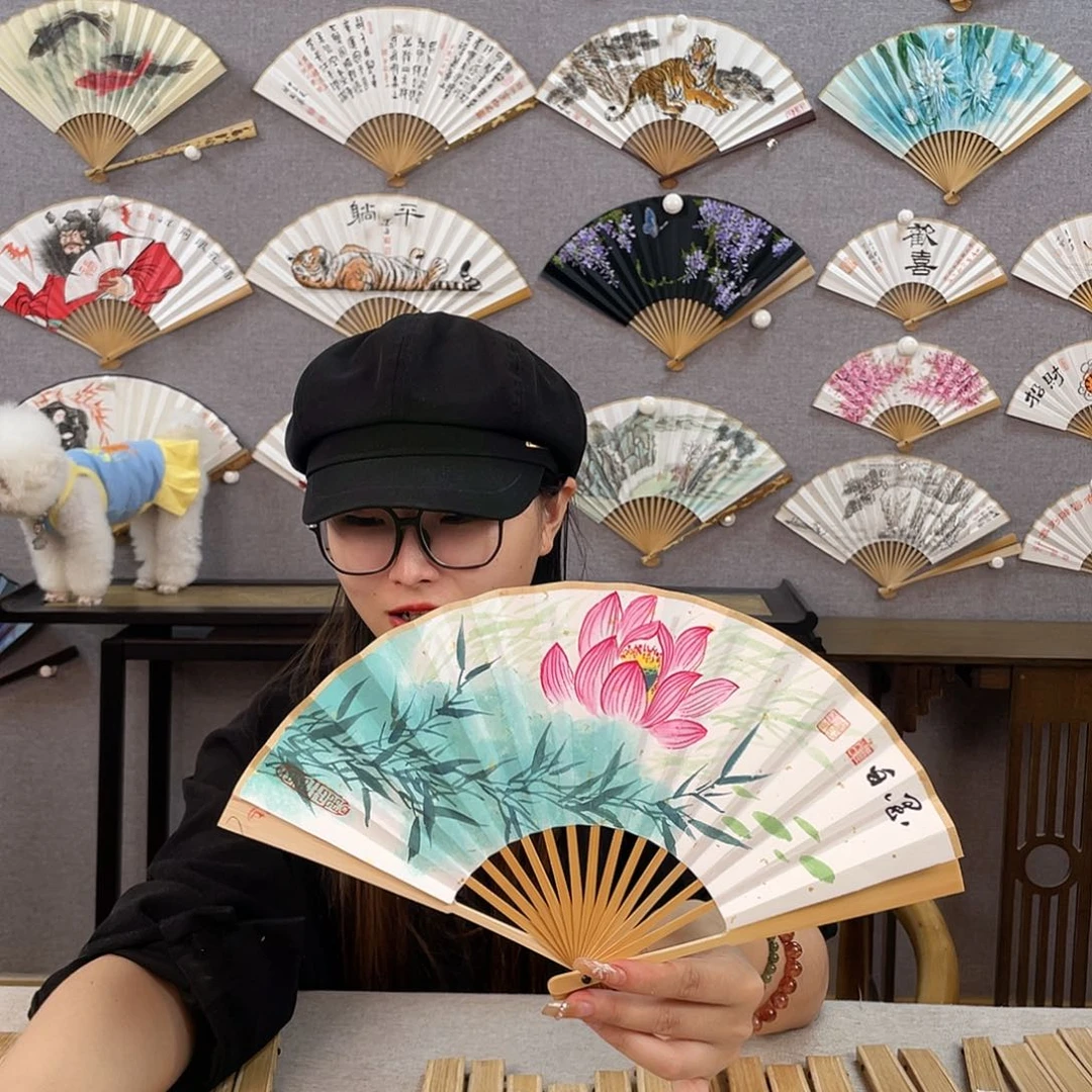国画6寸玉竹-纯手绘-文玩扇骨（默认粘好）