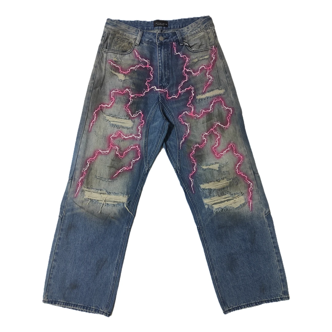 男女同款remake手绘闪电粉色秋冬破洞补丁阔腿牛仔裤水洗个性