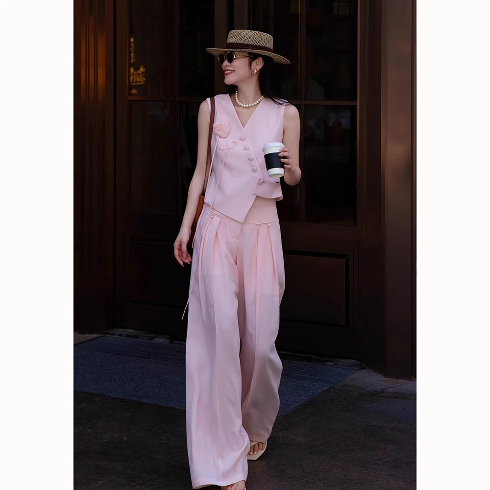 高级感夏季气质简约网红洋气炸街女装马甲西装套装阔腿裤两件套