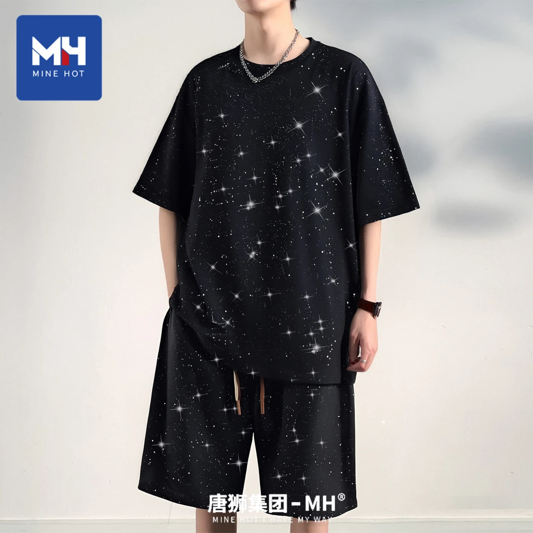 唐狮集团MH夏季潮流满天星短袖短裤两件套宽松情侣同款圆领套装