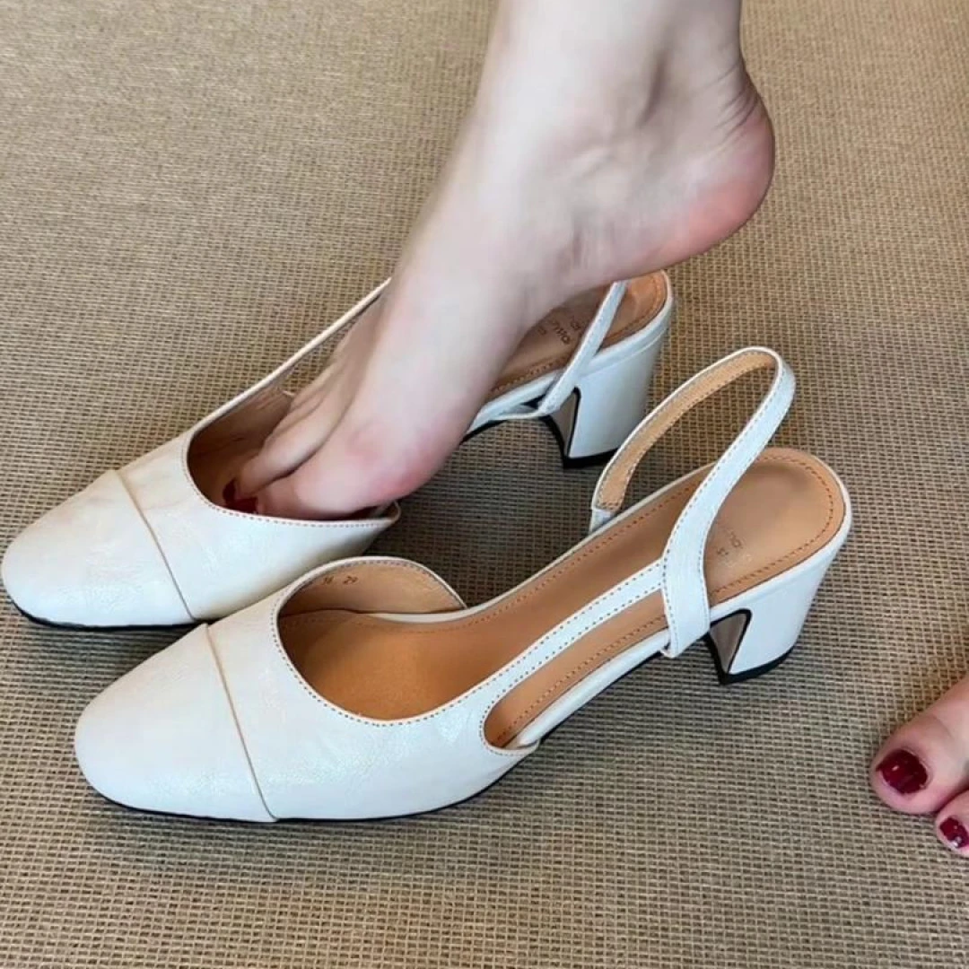 5cm百搭版！法式复古一字带高跟鞋女夏白色软底气质粗跟包头凉鞋女