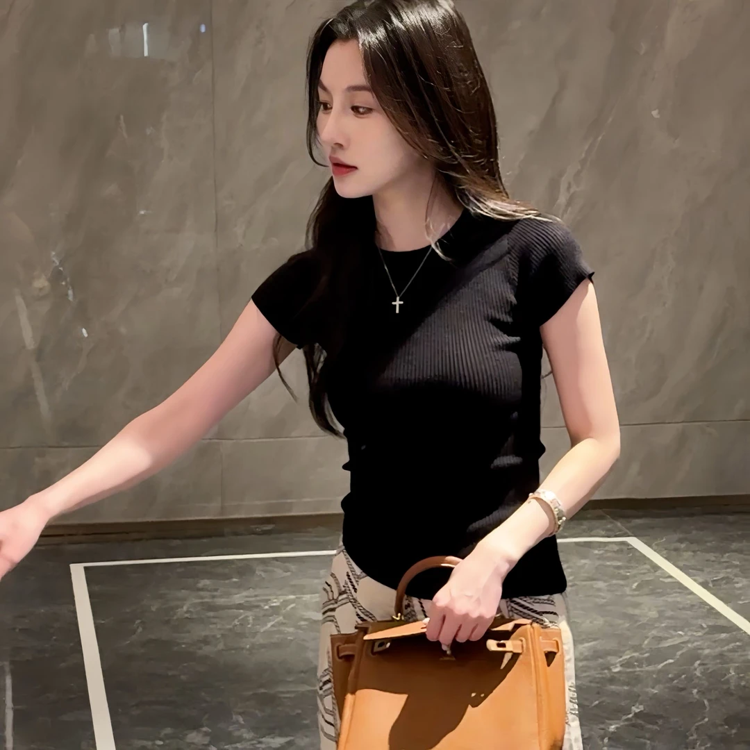 【希希专属】正肩针织短袖t恤设计感小众修身辣妹短款上衣