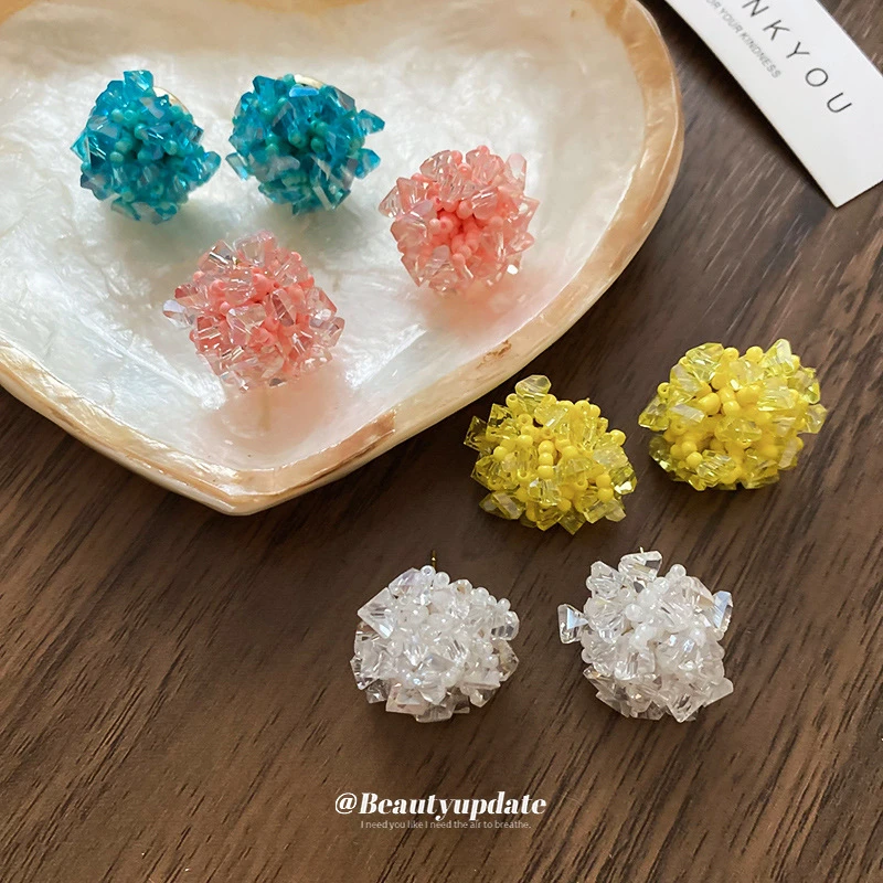 合金耳饰 圆形花朵水晶编织耳钉通勤百搭耳环女时尚气质耳饰小众