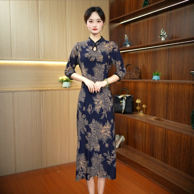 A-367新款连衣裙洋气短袖妈妈旗袍裙大码中长款显瘦长裙裙子