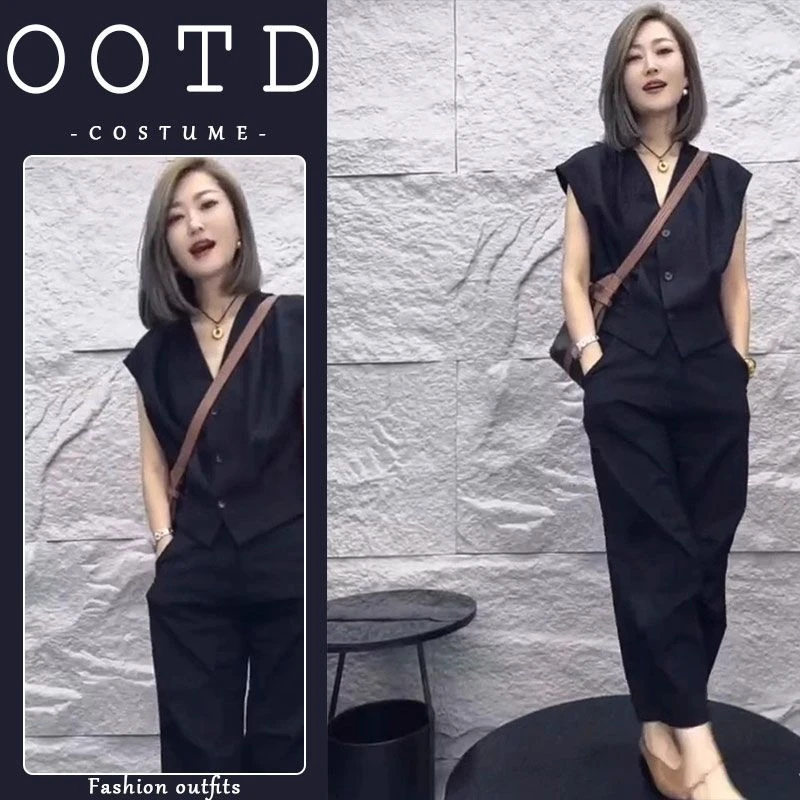 欧货气质时尚套装女2025夏季设计感洋气包袖马甲上衣阔腿裤两件套