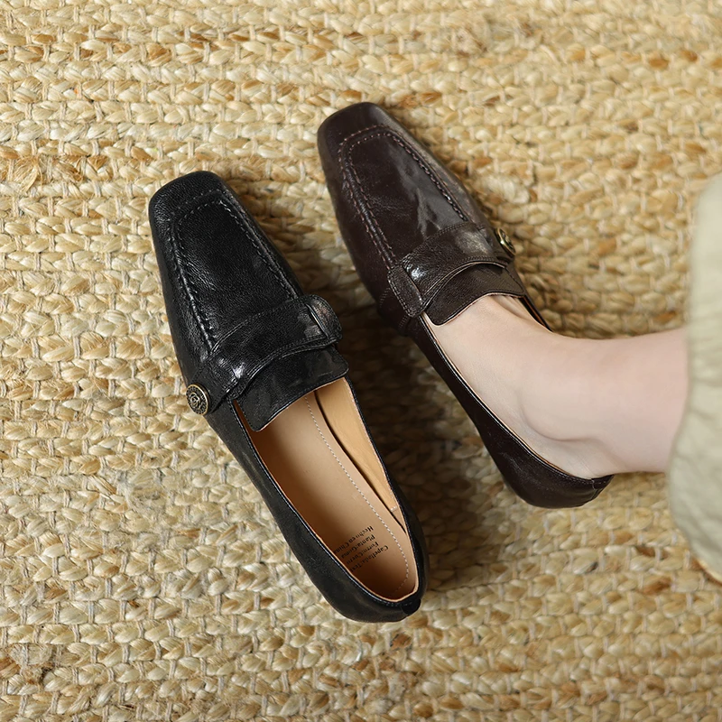 3CM，羊皮软底单鞋复古春秋透气一脚蹬休闲鞋鞋粗复古羊皮粗跟单鞋