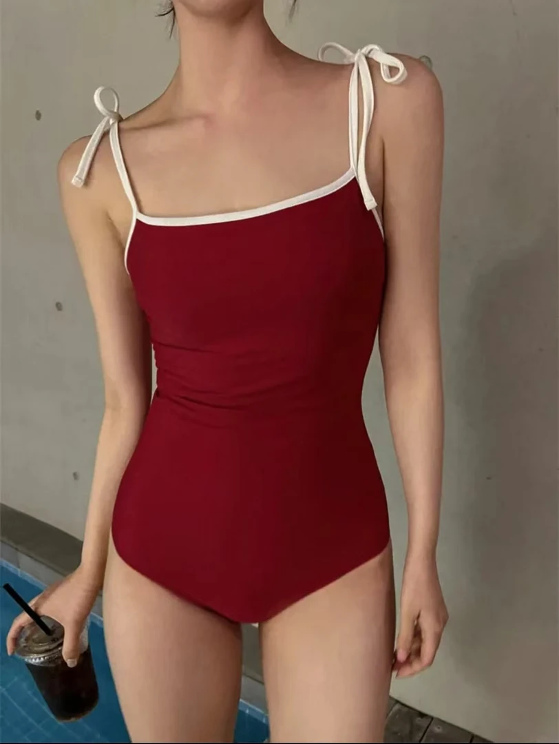 女式蓝红系带温泉三角式连体泳衣性感纯欲风修身显瘦夏季竞速泳衣