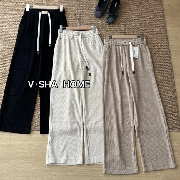 薇莎901【现货】糯米坑条直筒显瘦休闲裤（有口袋）