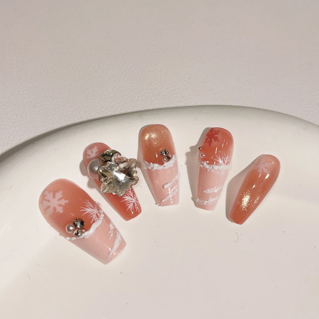 【橘色飘雪】纯手工穿戴甲轻奢大小姐圣诞秋冬少女雪花可拆卸美甲