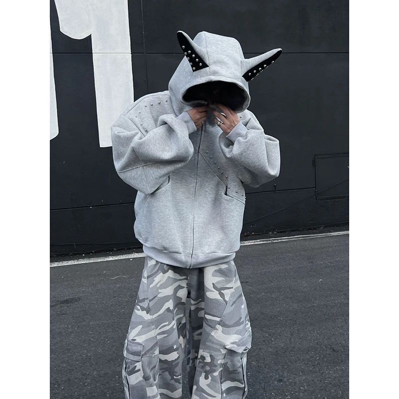 美式高街情侣卫衣男秋季潮牌铆钉耳朵连帽夹克小众设计感开衫外套