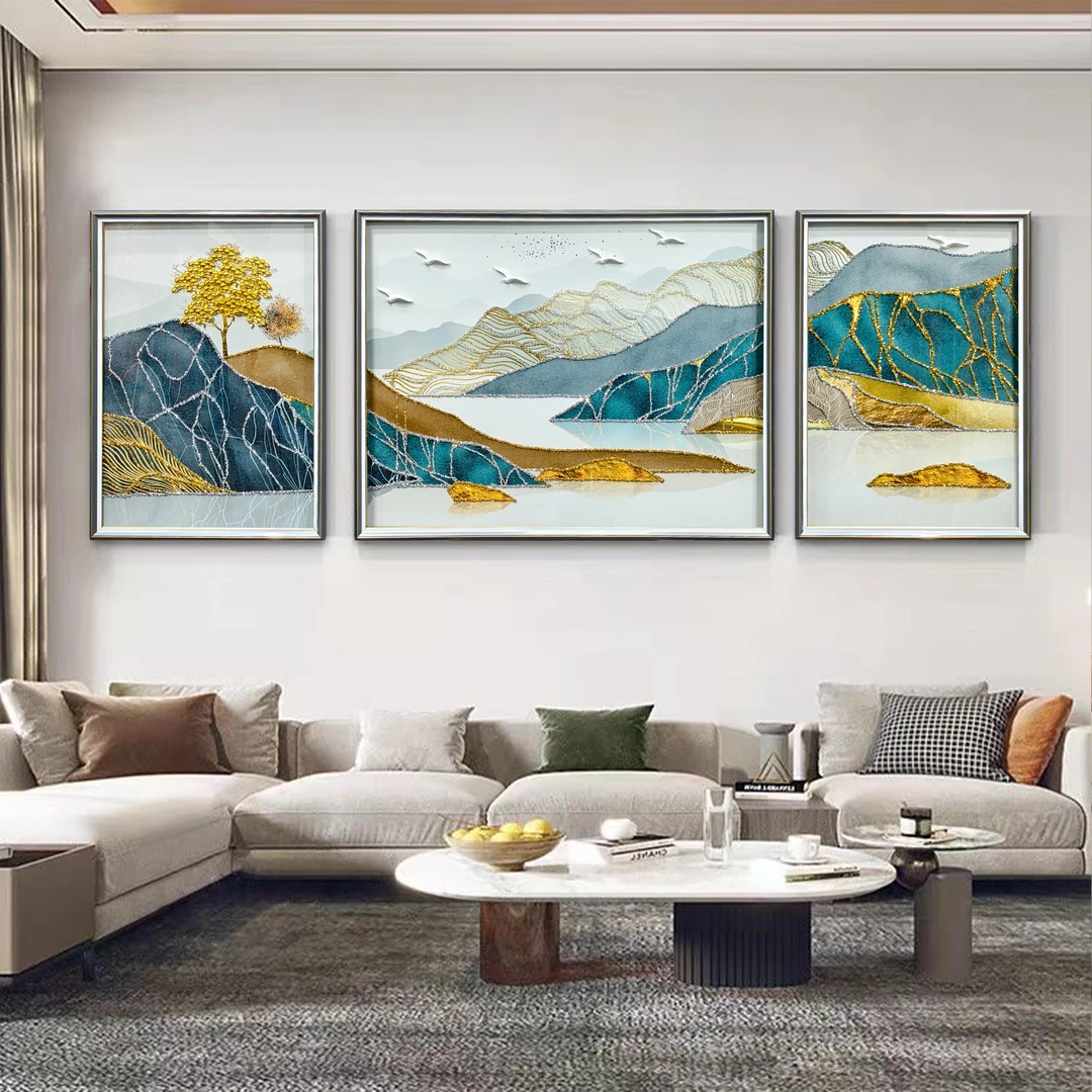 D55【富水金山】沙发背景装饰画现代轻奢3D立体高档实物立体三联画