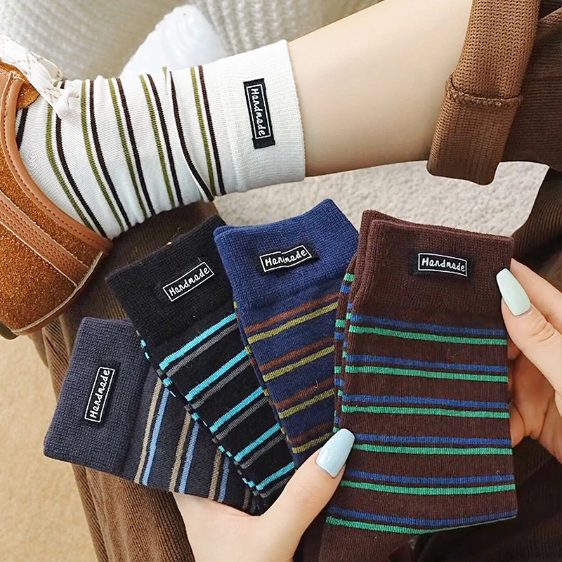 复古撞色条纹袜子女春秋款无骨中筒袜miu咖色堆堆袜棉可露丽穿搭