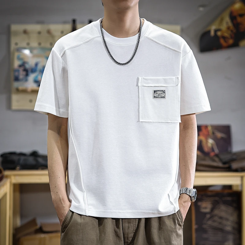 aoyu/遨宇2025夏季新款高级感男士t恤短袖潮牌拼接美式宽松体恤潮