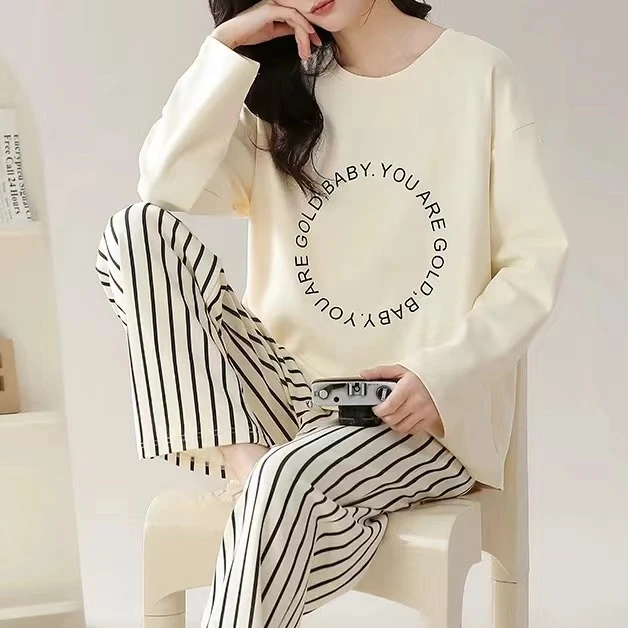 郑小姐~100%纯棉女家居服套装睡衣字母套装条纹舒适简约
