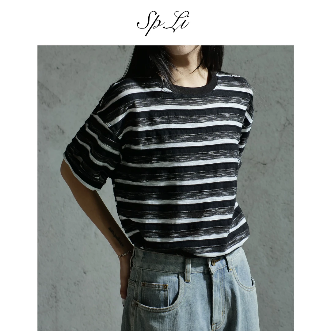 SPLi【三本针】“黑白肌理条纹”简约T恤宽松基础圆领短袖男夏季休闲