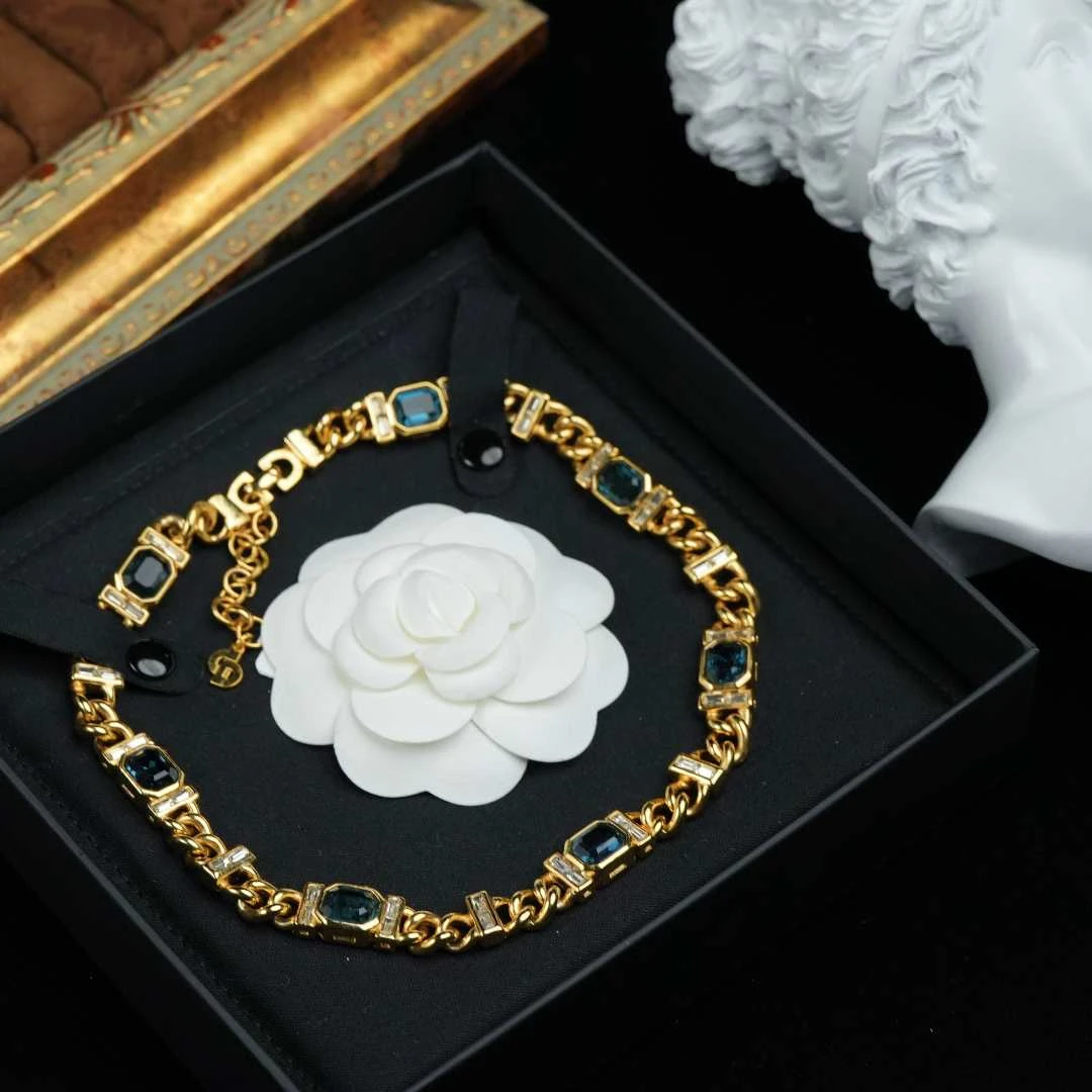 95新 DIOR/迪奥 柚礼中古/迪奥蓝色莱茵石项链LZ504083