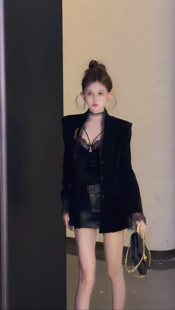 新法式黑天鹅丝绒奢华光泽感秋冬修身显瘦蕾丝拼接长袖西装外套女