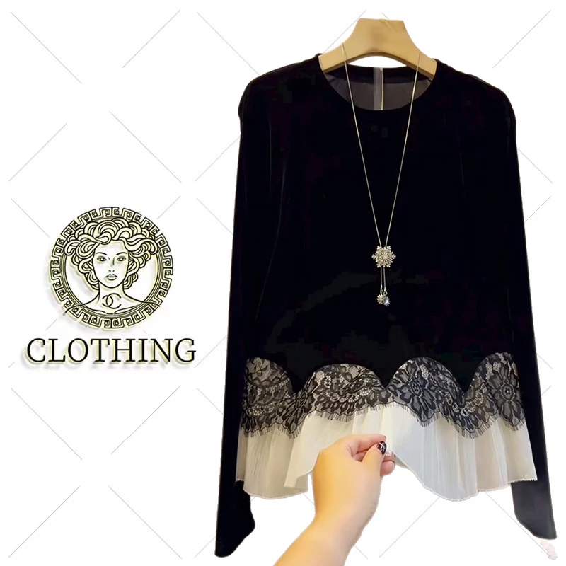 【CLOTHING/原创设计】2025秋季新款大码女装显瘦蕾丝丝绒长袖上衣