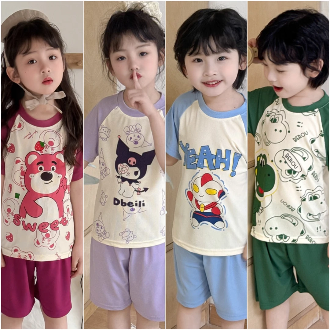 儿童短袖空调服夏季居家女童卡通印花小童中童夏装男童家居服套装