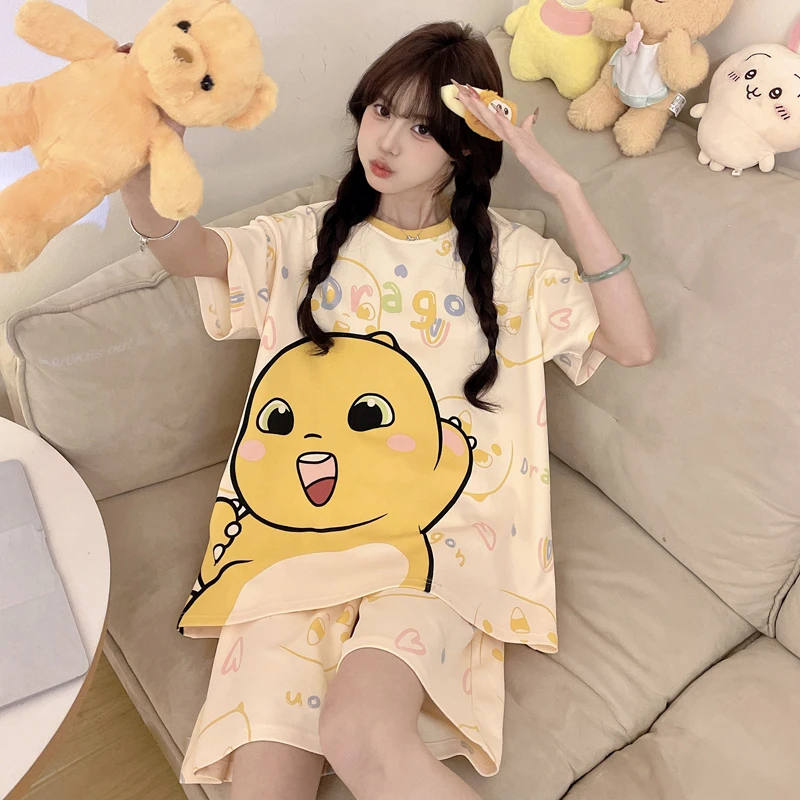 夏季纯棉睡衣女夏短袖短裤卡通加肥加大码夏天女孩学生套装家居服