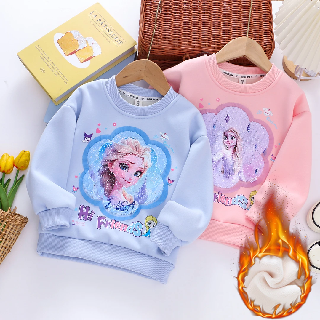 女童冬季新款加绒卫衣儿童可爱卡通变色亮片纯棉卫衣加绒保暖上衣