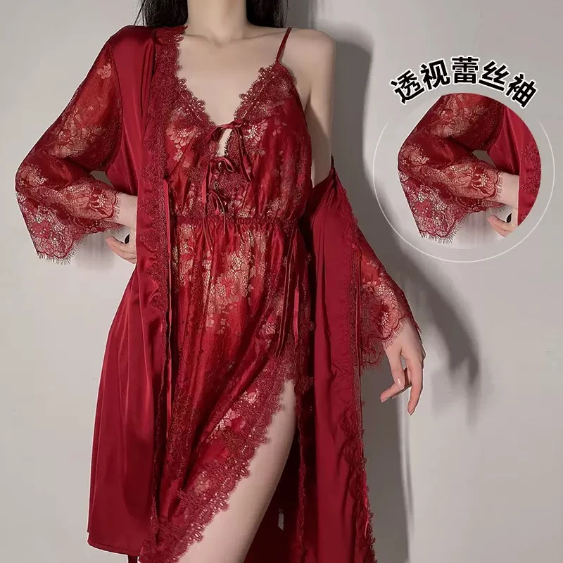 蕾丝镂空性感系带深V加胸垫高开衩纯欲大码吊带睡裙晨袍家居服