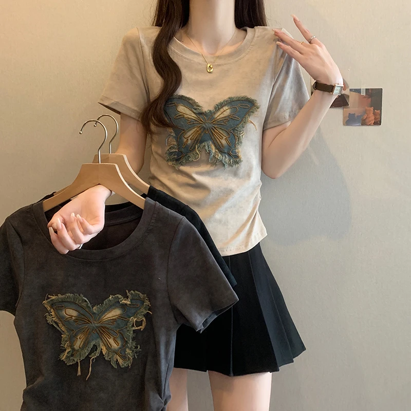 K大码扎染蝴蝶结正肩短袖t恤女夏季设计感小众掐腰修身巨显瘦上衣