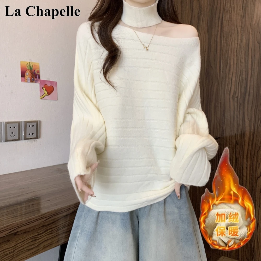 拉夏贝尔2025大码韩版斜肩套头毛衣秋冬胖妹妹遮肚高级针织上衣女