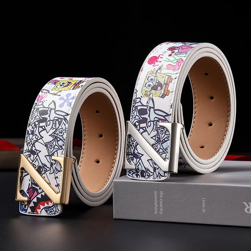 新款Z男士百搭学生皮带真皮时尚格纹商务平滑字母Z涂鸦牛仔裤腰带